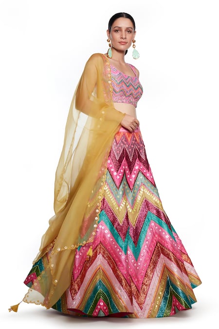 Buy_Siddhartha Bansal_Multi Color , Organza Sequins, Embroidery Chevron Pattern Lehenga Set _Online_at_Aza_Fashions