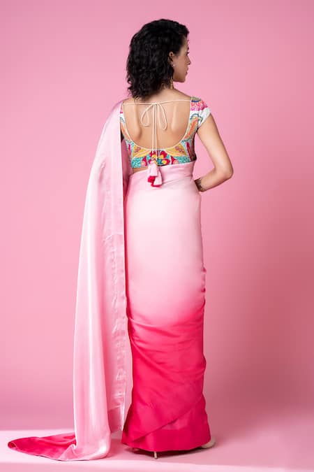 Siddhartha Bansal_Pink Satin Beads, Sequins V-neck Mastani Ombre Saree With Blouse _Online_at_Aza_Fashions