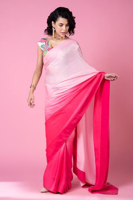 Siddhartha Bansal_Pink Satin Beads, Sequins V-neck Mastani Ombre Saree With Blouse _at_Aza_Fashions