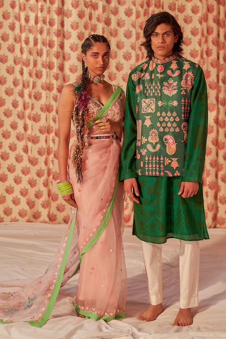 Shop_Siddhartha Bansal_Pink Denim, Silk Organza Beads, Cut 3d Embroidered Patchwork Saree With Blouse _at_Aza_Fashions