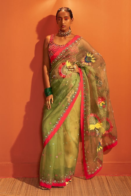 Siddhartha Bansal Green Saree Pure Crepe Embroidered Cutdana Silk Organza With Blouse 
