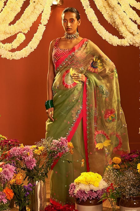 Shop_Siddhartha Bansal_Green Crepe, Silk Beads, Embroidery Round Neck Organza Saree With Blouse _at_Aza_Fashions