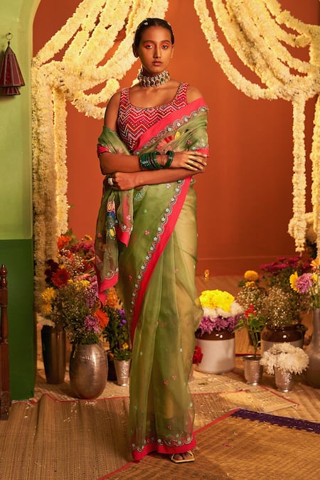 Siddhartha Bansal_Green Crepe, Silk Beads, Embroidery Round Neck Organza Saree With Blouse _Online_at_Aza_Fashions