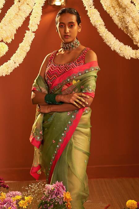Buy_Siddhartha Bansal_Green Crepe, Silk Beads, Embroidery Round Neck Organza Saree With Blouse _Online_at_Aza_Fashions