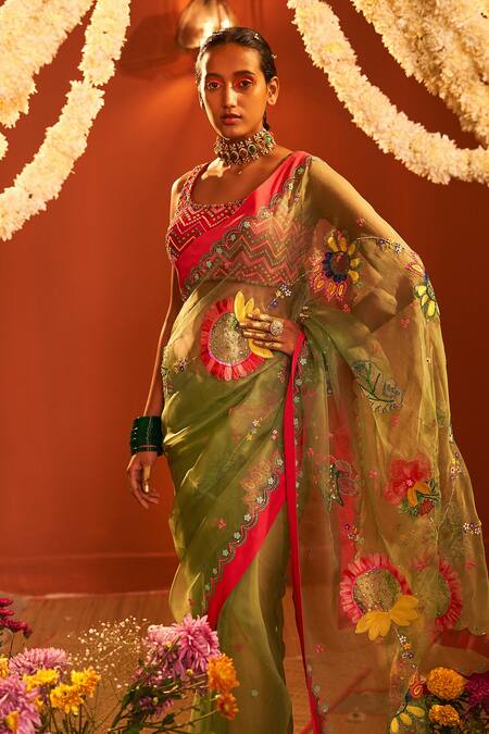 Siddhartha Bansal_Green Crepe, Silk Beads, Embroidery Round Neck Organza Saree With Blouse _at_Aza_Fashions