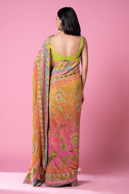 Siddhartha Bansal_Orange Crepe, Georgette Ombre Floral Print Embroidered Saree With Blouse _Online_at_Aza_Fashions