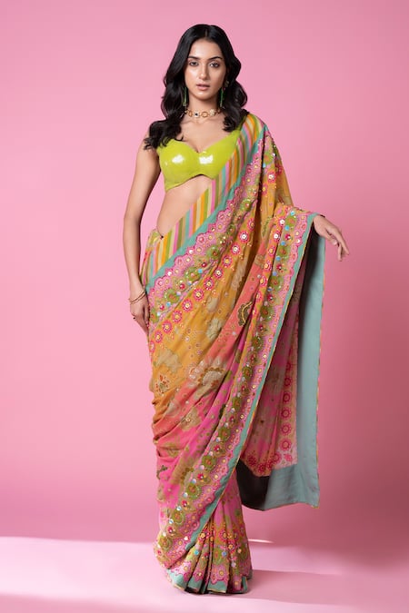 Shop_Siddhartha Bansal_Orange Crepe, Georgette Ombre Floral Print Embroidered Saree With Blouse _Online_at_Aza_Fashions