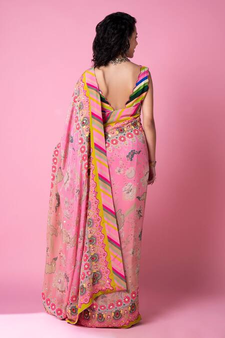 Siddhartha Bansal_Pink Crepe Sequins, Cut Work Plunge Printed Hand Embroidered Saree With Blouse _Online_at_Aza_Fashions