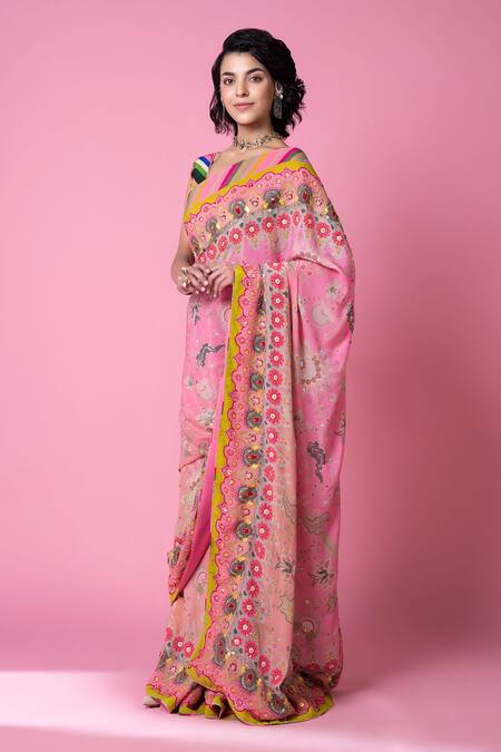 Shop_Siddhartha Bansal_Pink Crepe Sequins, Cut Work Plunge Printed Hand Embroidered Saree With Blouse _Online_at_Aza_Fashions