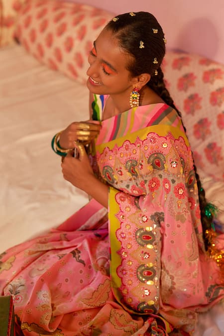 Siddhartha Bansal_Pink Crepe Sequins, Cut Work Plunge Printed Hand Embroidered Saree With Blouse _at_Aza_Fashions