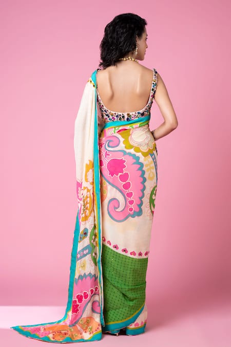 Siddhartha Bansal_Ivory Silk, Crepe Crystals Sweetheart Neck Paisley Embroidered Saree With Blouse _Online_at_Aza_Fashions