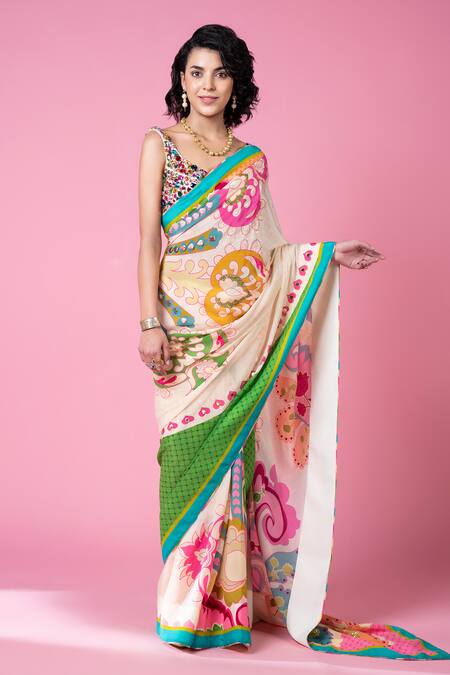 Buy_Siddhartha Bansal_Ivory Silk, Crepe Crystals Sweetheart Neck Paisley Embroidered Saree With Blouse _Online_at_Aza_Fashions