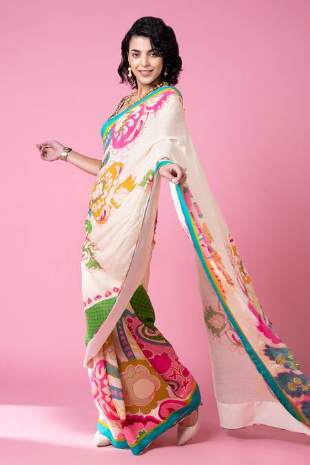 Siddhartha Bansal_Ivory Silk, Crepe Crystals Sweetheart Neck Paisley Embroidered Saree With Blouse _at_Aza_Fashions