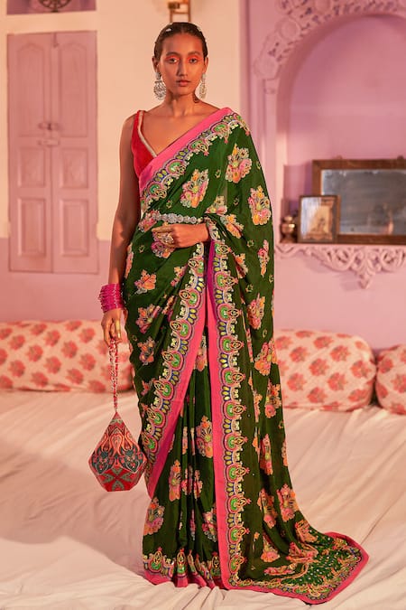 Siddhartha Bansal Green Saree Pure Crepe Embroidered Sequin Paisley Hand With Blouse 