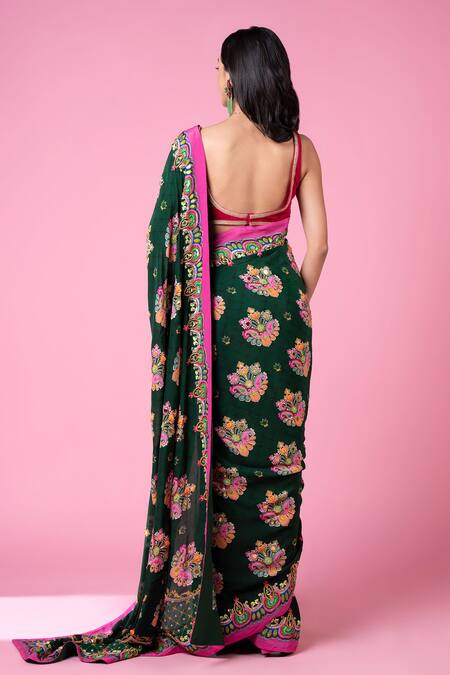 Siddhartha Bansal_Green Crepe, Cotton, Velvet Sequins, Paisley Hand Embroidered Saree With Blouse _Online_at_Aza_Fashions