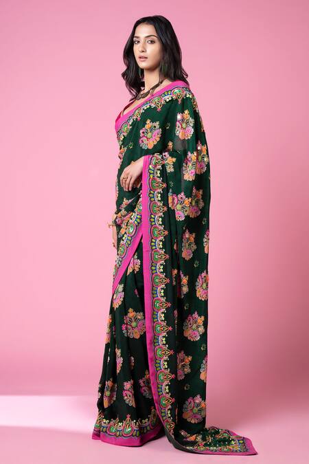Buy_Siddhartha Bansal_Green Crepe, Cotton, Velvet Sequins, Paisley Hand Embroidered Saree With Blouse _Online_at_Aza_Fashions