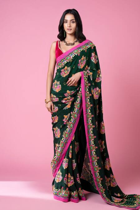 Shop_Siddhartha Bansal_Green Crepe, Cotton, Velvet Sequins, Paisley Hand Embroidered Saree With Blouse _Online_at_Aza_Fashions