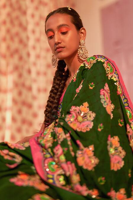 Siddhartha Bansal_Green Crepe, Cotton, Velvet Sequins, Paisley Hand Embroidered Saree With Blouse _at_Aza_Fashions