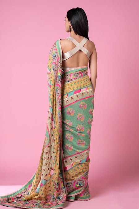 Siddhartha Bansal_Green Crepe, Silk Embroidery, Sequins, Beads, Cut Work Motif Saree With Blouse _Online_at_Aza_Fashions