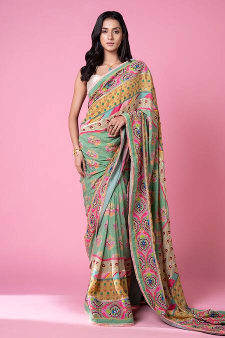 Buy_Siddhartha Bansal_Green Crepe, Silk Embroidery, Sequins, Beads, Cut Work Motif Saree With Blouse _Online_at_Aza_Fashions