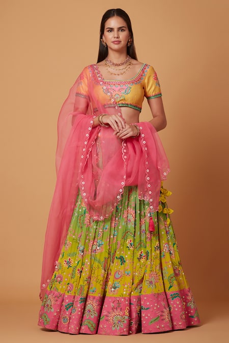 Siddhartha Bansal Green Blouse Dupion Embroidery Sequins Vintage Floral Lehenga Set 