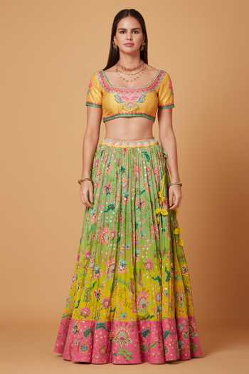 Siddhartha Bansal Green Denim, Silk Organza, Crepe Vintage Floral Embroidered Lehenga Blouse Set Online at Aza Fashions Siddhartha Bansal_Green Denim, Silk Organza, Crepe Vintage Floral Embroidered Lehenga Blouse Set _Online_at_Aza_Fashions