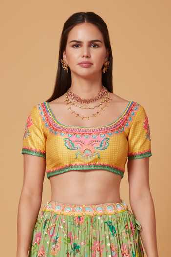 Buy Siddhartha Bansal Green Denim, Silk Organza, Crepe Vintage Floral Embroidered Lehenga Blouse Set Online at Aza Fashions Buy_Siddhartha Bansal_Green Denim, Silk Organza, Crepe Vintage Floral Embroidered Lehenga Blouse Set _Online_at_Aza_Fashions