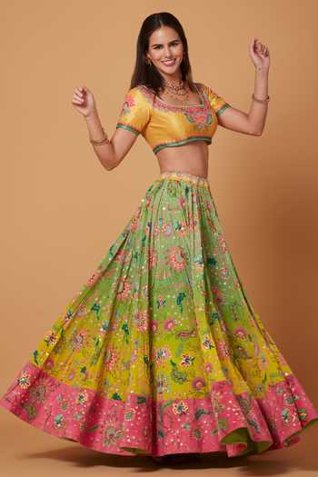 Siddhartha Bansal Green Denim, Silk Organza, Crepe Vintage Floral Embroidered Lehenga Blouse Set at Aza Fashions Siddhartha Bansal_Green Denim, Silk Organza, Crepe Vintage Floral Embroidered Lehenga Blouse Set _at_Aza_Fashions