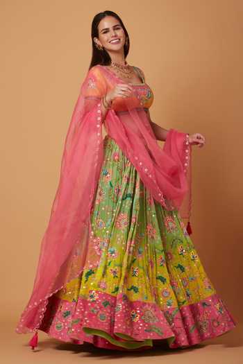Buy Siddhartha Bansal Green Denim, Silk Organza, Crepe Vintage Floral Embroidered Lehenga Blouse Set Buy_Siddhartha Bansal_Green Denim, Silk Organza, Crepe Vintage Floral Embroidered Lehenga Blouse Set
