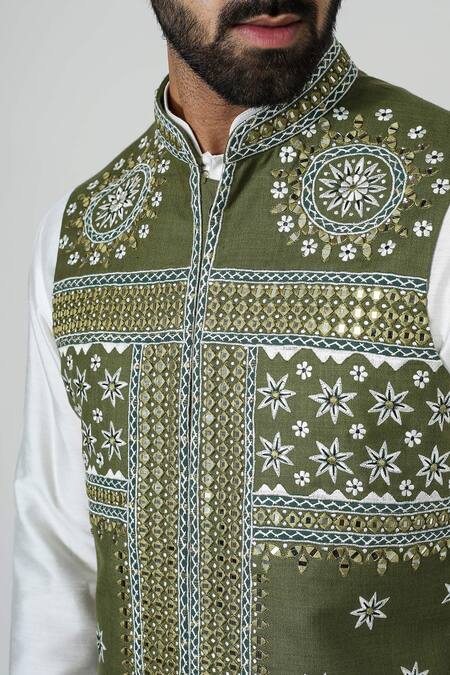 Buy_Chatenya Mittal_Off White Cotton, Silk Mirrors, Embroidery Floral Kurta And Nehru Jacket Set _Online_at_Aza_Fashions