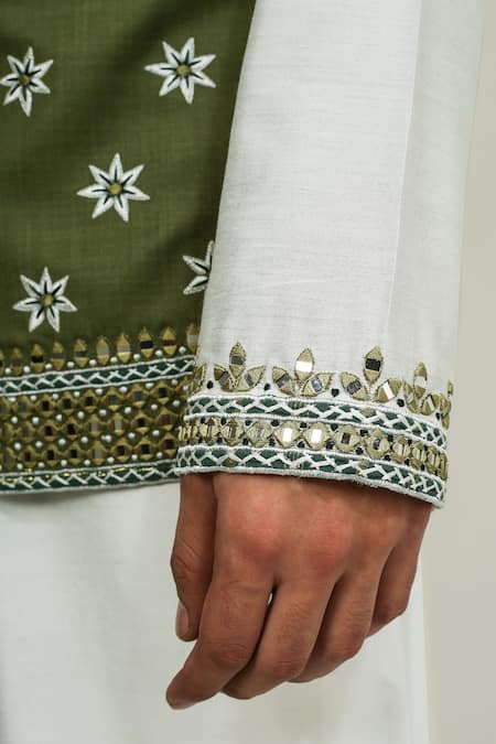 Shop_Chatenya Mittal_Off White Cotton, Silk Mirrors, Embroidery Floral Kurta And Nehru Jacket Set _Online_at_Aza_Fashions
