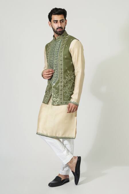 Chatenya Mittal_Green Cotton, Silk Mirrors, Embroidery Bundi And Kurta Set _Online_at_Aza_Fashions