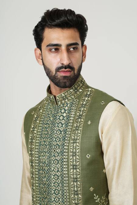 Buy_Chatenya Mittal_Green Cotton, Silk Mirrors, Embroidery Bundi And Kurta Set _Online_at_Aza_Fashions
