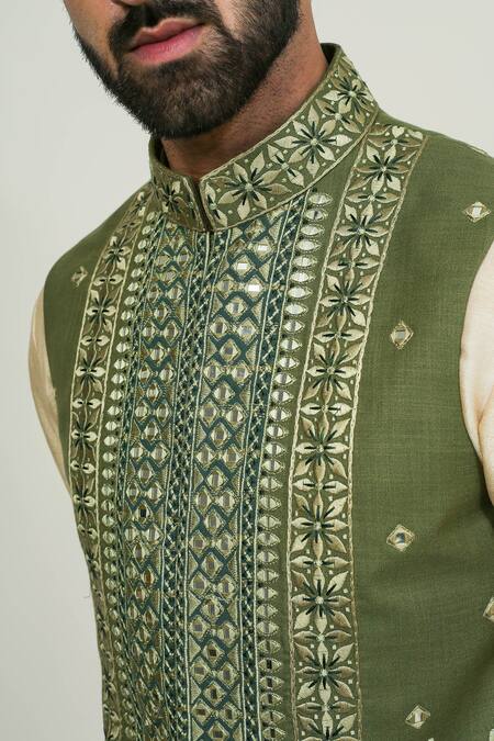 Shop_Chatenya Mittal_Green Cotton, Silk Mirrors, Embroidery Bundi And Kurta Set _Online_at_Aza_Fashions