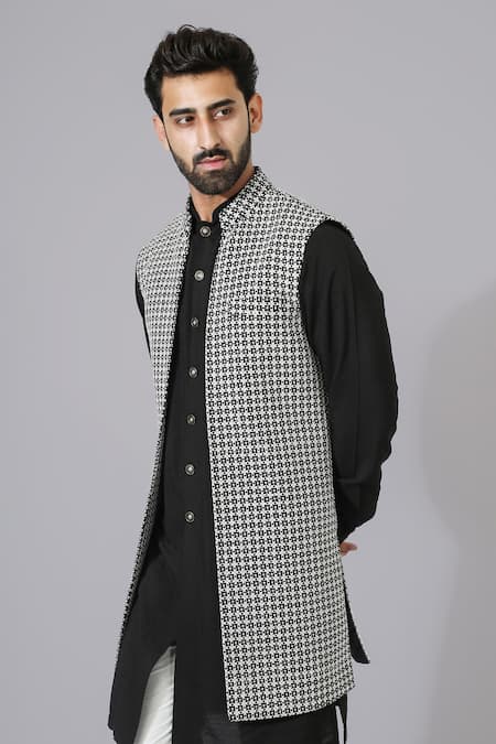 Buy_Chatenya Mittal_Black Georgette, Cotton, Silk Embroidery Textured And White Bundi Kurta Set _Online_at_Aza_Fashions