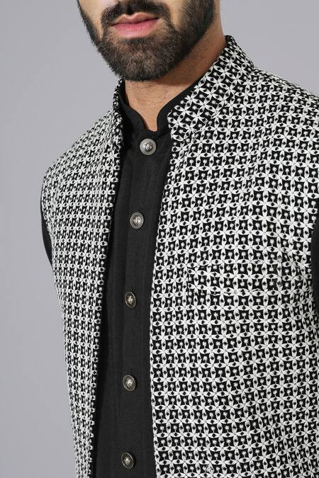 Shop_Chatenya Mittal_Black Georgette, Cotton, Silk Embroidery Textured And White Bundi Kurta Set _Online_at_Aza_Fashions