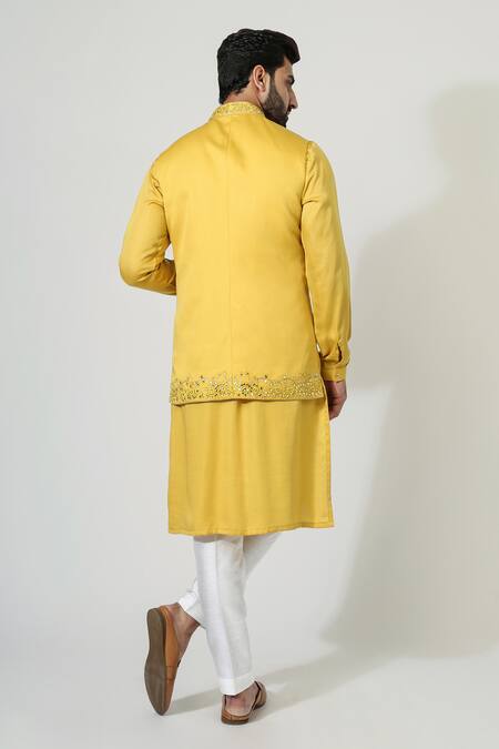 Chatenya Mittal Mirror Embroidered Yellow Bundi & Kurta Set 