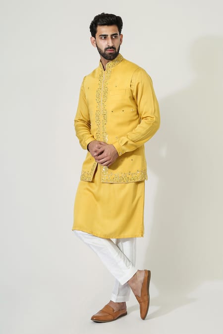 Chatenya Mittal Yellow Cotton, Silk Embroidery, Mirrors Bundi And Kurta Set Online at Aza Fashions Chatenya Mittal_Yellow Cotton, Silk Embroidery, Mirrors Bundi And Kurta Set _Online_at_Aza_Fashions
