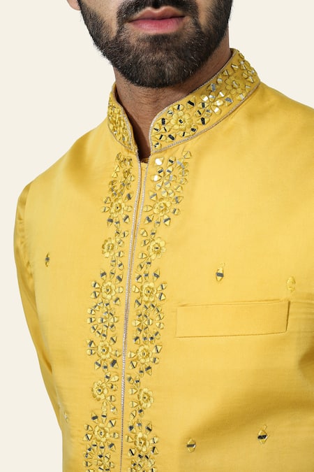 Buy Chatenya Mittal Yellow Cotton, Silk Embroidery, Mirrors Bundi And Kurta Set Online at Aza Fashions Buy_Chatenya Mittal_Yellow Cotton, Silk Embroidery, Mirrors Bundi And Kurta Set _Online_at_Aza_Fashions