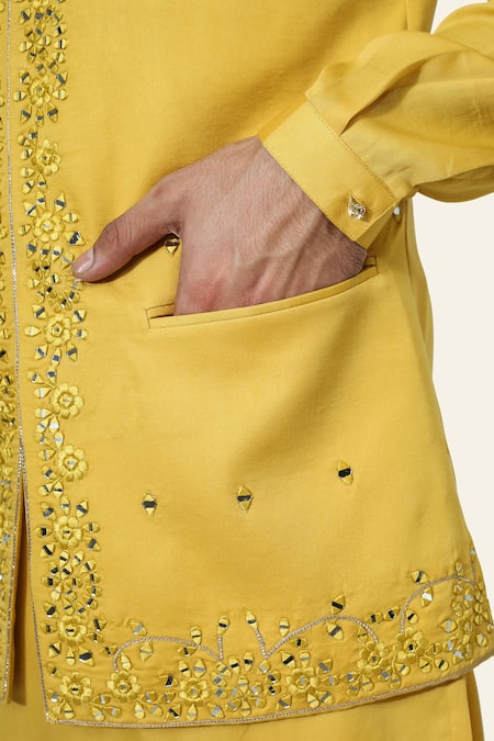 Shop Chatenya Mittal Yellow Cotton, Silk Embroidery, Mirrors Bundi And Kurta Set Online at Aza Fashions Shop_Chatenya Mittal_Yellow Cotton, Silk Embroidery, Mirrors Bundi And Kurta Set _Online_at_Aza_Fashions