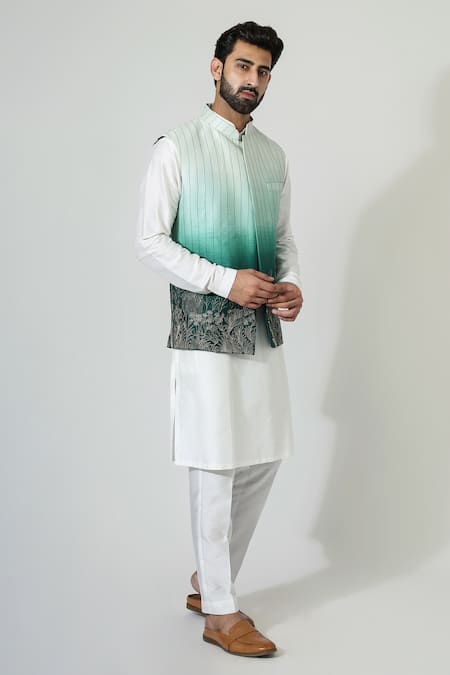 Chatenya Mittal_Green Silk, Cotton Zari Ombre Embroidered Bundi And Kurta Set _Online_at_Aza_Fashions