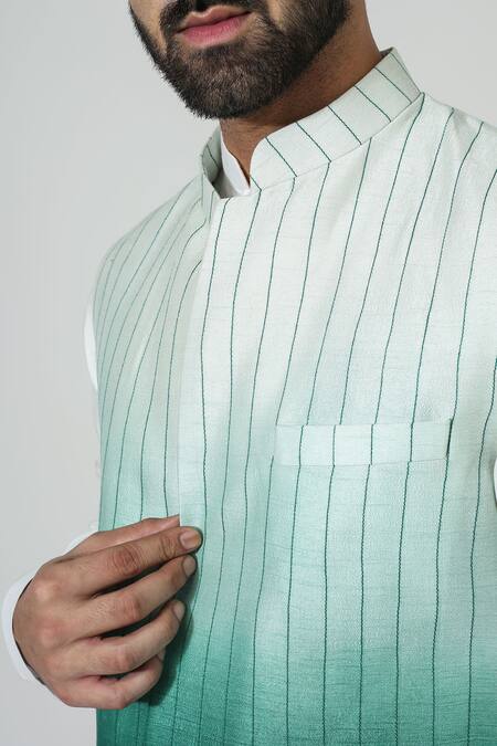 Buy_Chatenya Mittal_Green Silk, Cotton Zari Ombre Embroidered Bundi And Kurta Set _Online_at_Aza_Fashions