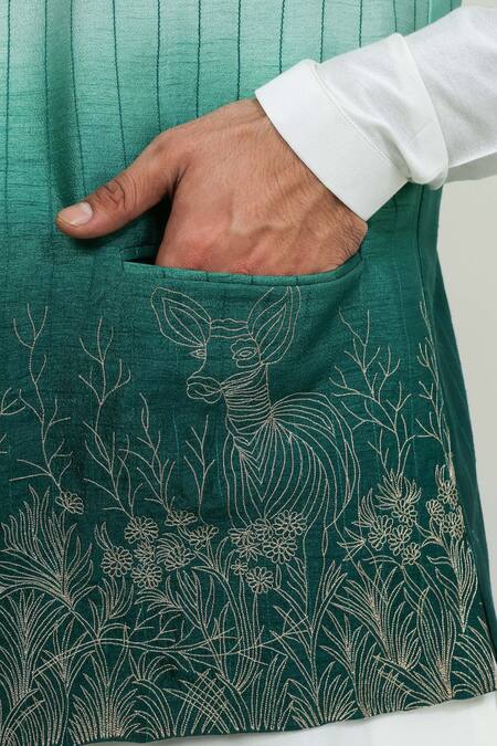 Shop_Chatenya Mittal_Green Silk, Cotton Zari Ombre Embroidered Bundi And Kurta Set _Online_at_Aza_Fashions