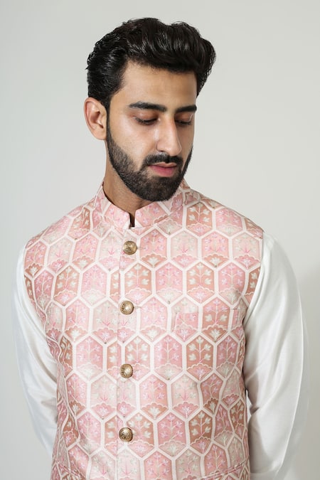 Shop Chatenya Mittal Pink Silk, Cotton Embroidery Floral Printed Bundi And Kurta Set Online at Aza Fashions Shop_Chatenya Mittal_Pink Silk, Cotton Embroidery Floral Printed Bundi And Kurta Set _Online_at_Aza_Fashions