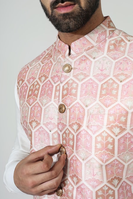 Chatenya Mittal Pink Silk, Cotton Embroidery Floral Printed Bundi And Kurta Set at Aza Fashions Chatenya Mittal_Pink Silk, Cotton Embroidery Floral Printed Bundi And Kurta Set _at_Aza_Fashions