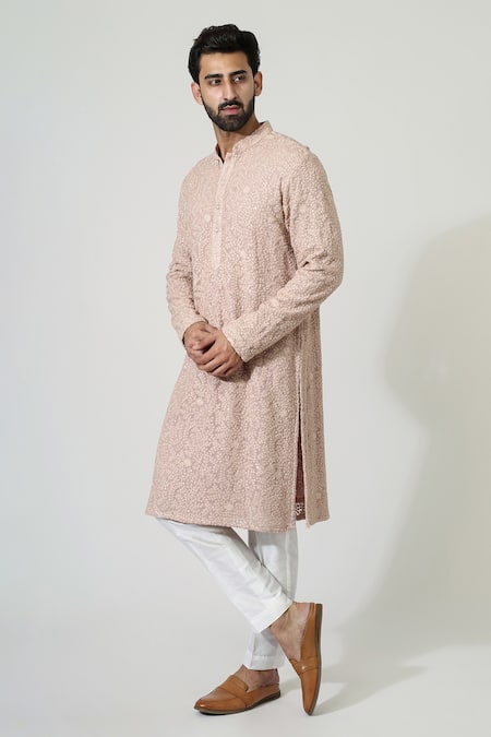 Buy Chatenya Mittal Peach Silk, Cotton Sequins, Embroidery Leaf Kurta Set Online at Aza Fashions Buy_Chatenya Mittal_Peach Silk, Cotton Sequins, Embroidery Leaf Kurta Set _Online_at_Aza_Fashions