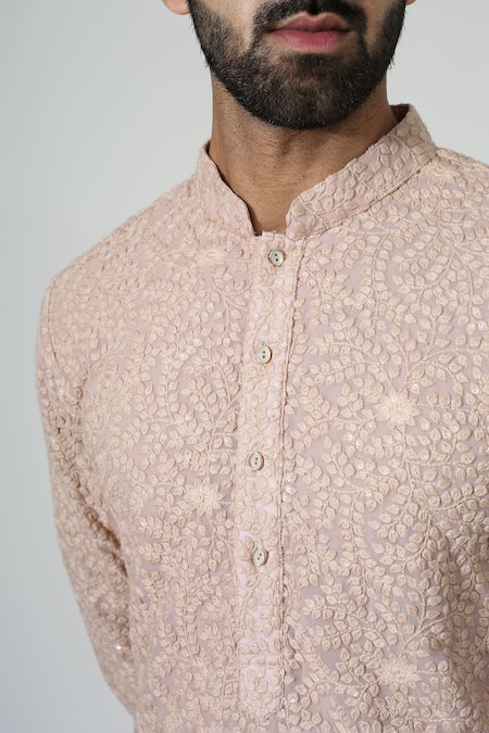 Shop Chatenya Mittal Peach Silk, Cotton Sequins, Embroidery Leaf Kurta Set Online at Aza Fashions Shop_Chatenya Mittal_Peach Silk, Cotton Sequins, Embroidery Leaf Kurta Set _Online_at_Aza_Fashions