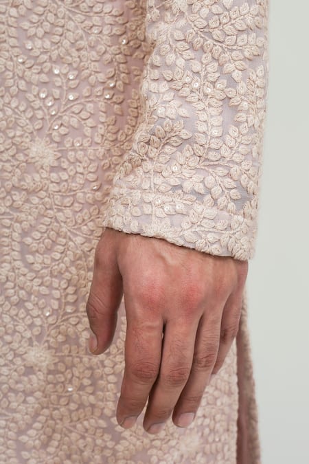 Chatenya Mittal Peach Silk, Cotton Sequins, Embroidery Leaf Kurta Set at Aza Fashions Chatenya Mittal_Peach Silk, Cotton Sequins, Embroidery Leaf Kurta Set _at_Aza_Fashions