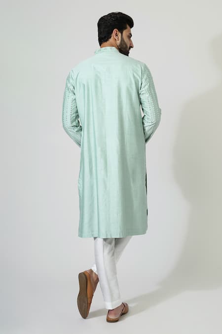 Shop_Chatenya Mittal_Blue Cotton, Silk Mirrors Work Kurta Set _at_Aza_Fashions