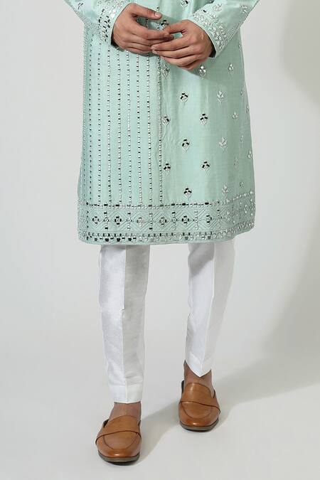Chatenya Mittal_Blue Cotton, Silk Mirrors Work Kurta Set _Online_at_Aza_Fashions